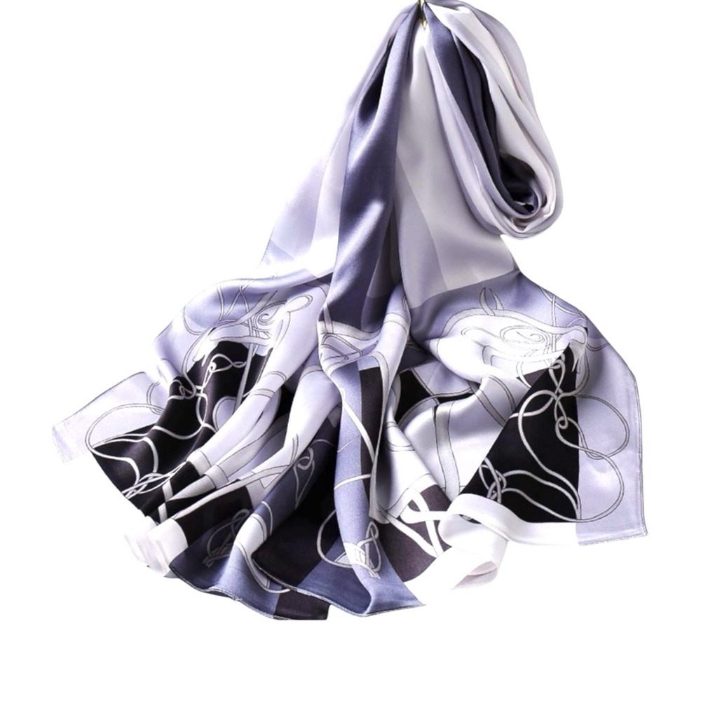 ✨VIP✨ Black & Grey Abstract Silky Satin Scarf Shawl Wrap – Oversized Lightweight - Picture 2 of 2